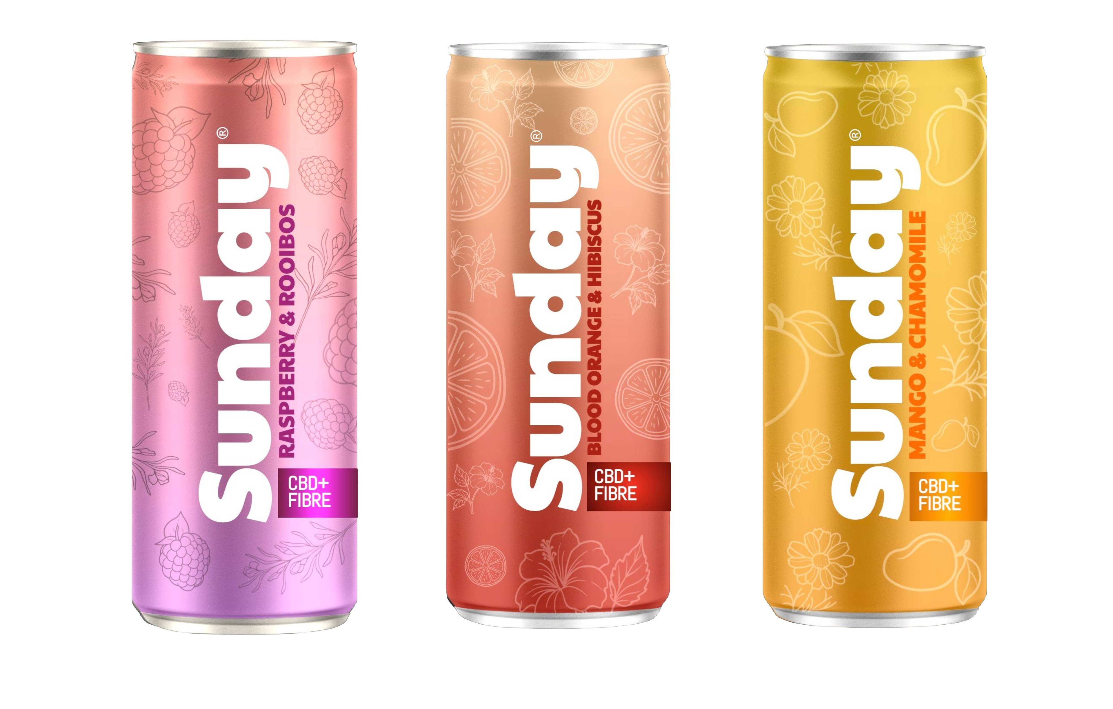 Three colorful 'Sunday' beverage cans on a white background